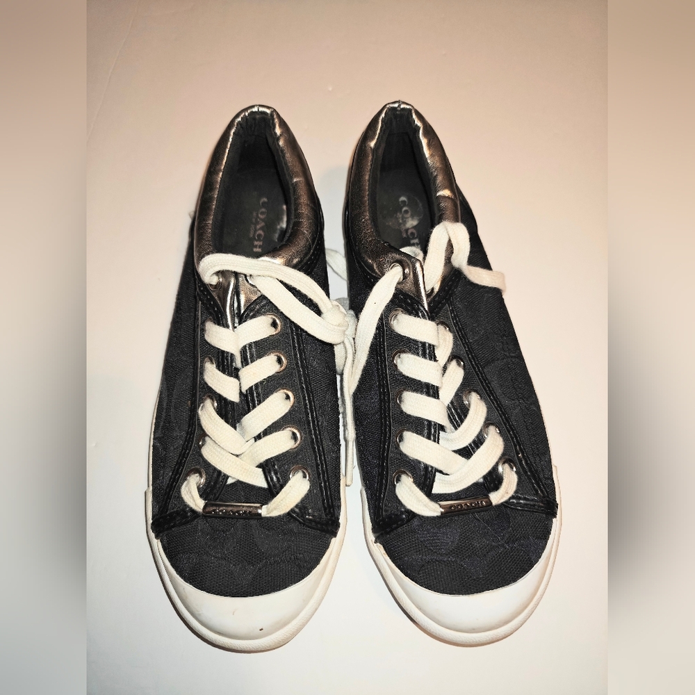 Coach New York Francesca Black Canvas  Low Top Silver Trim Lace Up Shoes Size 6B
